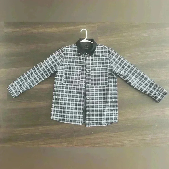 A.P.C. Navy Blue Plaid Button-Up Shirt Jacket with Corduroy Collar - Small - Picture 1 of 9